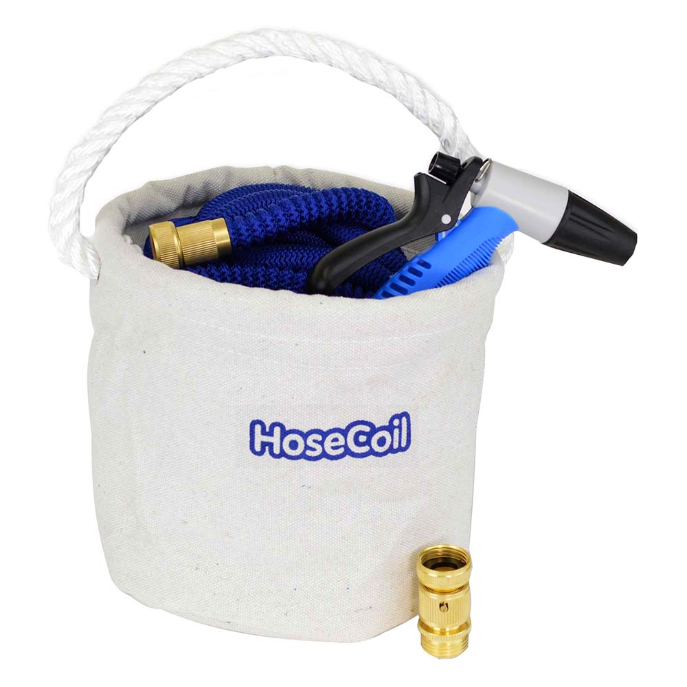 HoseCoil Canvas Bucket with 75' Expandable Hose Rubber Tip Nozzle, Quick Release