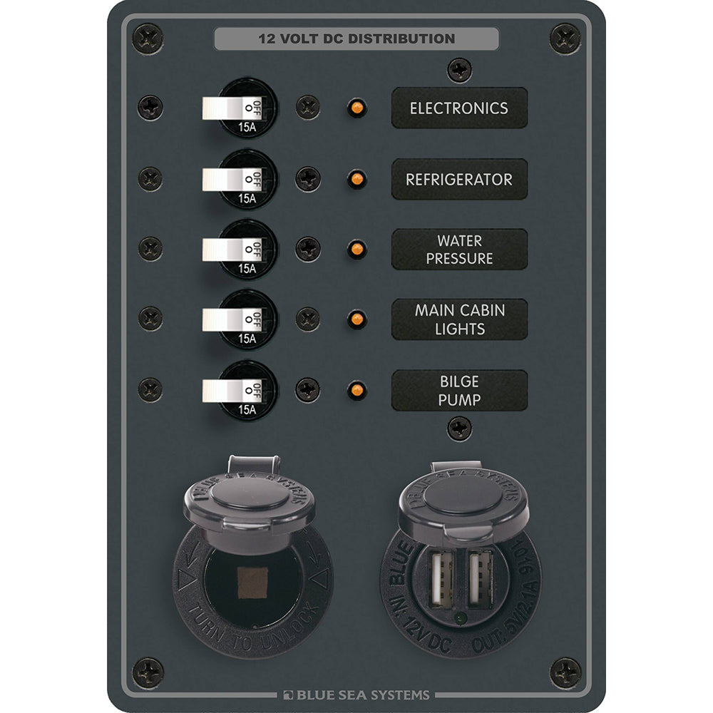 Blue Sea 8120 - 5 Position 12V Panel with Dual USB & 12V Socket