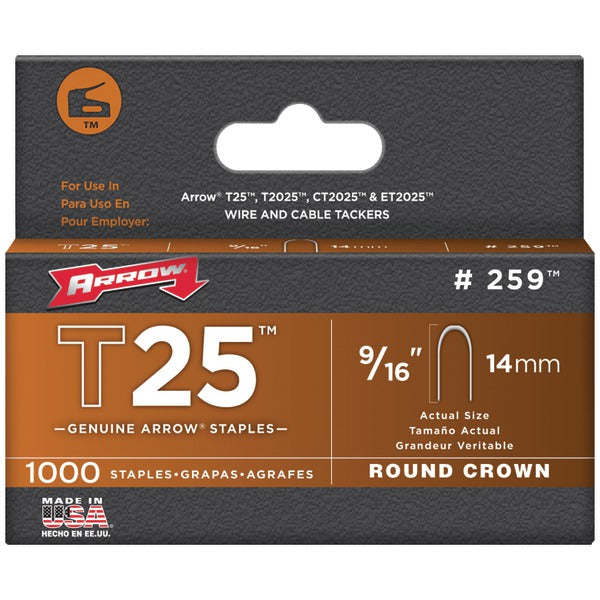 Arrow 259 T25 Round Crown Staples, 1,000 Pack (9/16 Inch)