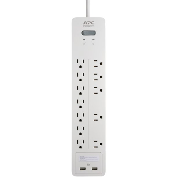 APC PH12U2W Home Office SurgeArrest 12-Outlet Power Strip, 2 USB Charging Ports