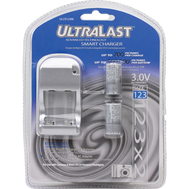 Ultralast ULCR123RK Smart Charger with 2 Rechargeable CR123 Batteries