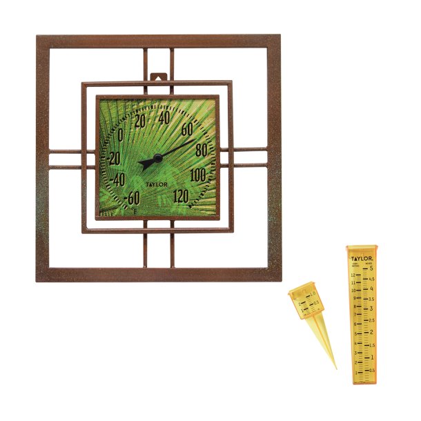 Taylor Precision 5253912 Metal, Glass Bamboo Thermometer and Rain Gauge Bundle