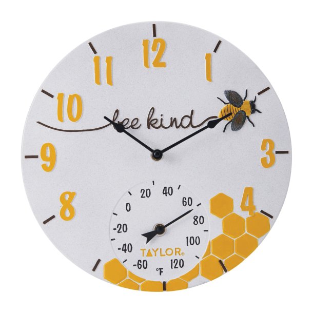 Taylor Precision 5280579 14-In. Bee Kind Poly Resin Clock with Thermometer