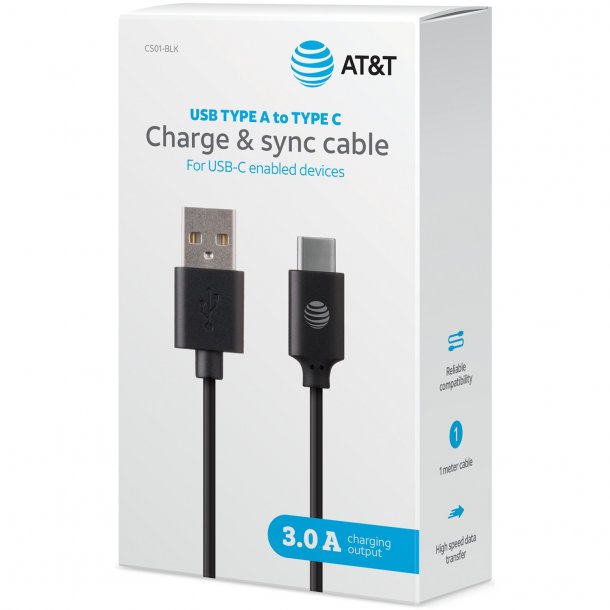 AT&T CS01-BLK Charge & Sync USB-a to USB-C Cable (3.3ft)